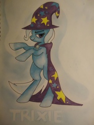 Size: 500x667 | Tagged: safe, artist:lemon-death, trixie, g4, bipedal, cape, clothes, full body, hat, solo, traditional art, trixie's brooch, trixie's cape, trixie's hat