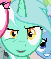 Size: 418x487 | Tagged: safe, screencap, cherry berry, lyra heartstrings, minuette, pony, unicorn, g4, the super speedy cider squeezy 6000, cropped, faic, i'm sickened, i'm sickened but curious, inverted mouth, looking at you, solo focus
