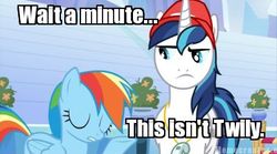 Size: 400x223 | Tagged: safe, rainbow dash, shining armor, g4, games ponies play, my little pony: friendship is magic, captain obvious, image macro, twily