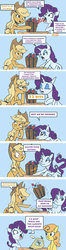 Size: 460x1733 | Tagged: safe, artist:bronzequeen, applejack, carrot top, golden harvest, rarity, g4, apple, bits, comic, female, flirting, gasp, lesbian, money, scrunchy face, ship:rarijack, shipping, tightwad