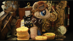 Size: 1280x720 | Tagged: safe, artist:saturnspace, doctor whooves, time turner, clockwise whooves, g4, food, goggles, irl, photo, plushie, quiche, steampunk