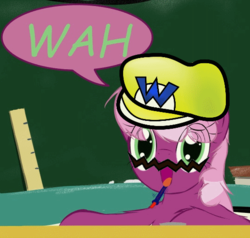 Size: 538x512 | Tagged: safe, artist:frist44, cheerilee, g4, cosplay, hair over eyes, hat, male, moustache, open mouth, quote, speech bubble, super mario bros., wah, wario, wario's hat, yellow hat