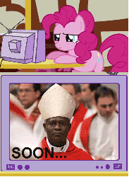 Size: 564x770 | Tagged: safe, pinkie pie, earth pony, human, pony, g4, animated, exploitable meme, female, glasses, habemus papam, irl, irl human, male, mare, padre francisco, photo, pope, pope francis, the pope, tv meme