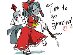 Size: 1280x960 | Tagged: safe, artist:lightdasher, marble pie, earth pony, semi-anthro, g4, cosplay, grazing, hakurei reimu, horses doing horse things, pun, touhou