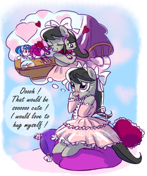 Size: 1781x2139 | Tagged: safe, artist:yulyeen, dj pon-3, octavia melody, vinyl scratch, earth pony, pony, ask lolitavia, g4, ask, blushing, bow, clothes, cute, doll, dress, female, hair bow, heart, lolita fashion, mare, pillow, solo, tavibetes, tumblr