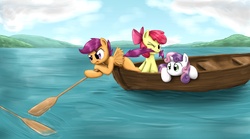 Size: 2946x1633 | Tagged: safe, artist:otakuap, apple bloom, scootaloo, sweetie belle, g4, boat, cutie mark crusaders, oar, water