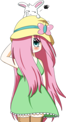 Size: 597x1104 | Tagged: safe, artist:pokumii, angel bunny, fluttershy, human, g4, blushing, clothes, female, humanized, simple background, transparent background