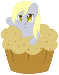 Size: 600x761 | Tagged: safe, artist:pokumii, derpy hooves, pegasus, pony, g4, female, giant muffin, mare, muffin, solo