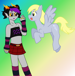 Size: 1116x1128 | Tagged: safe, artist:voltrathelively, derpy hooves, pegasus, pony, g4, clothes, crossdressing, crossover, duo, eridan ampora, female, gradient background, homestuck, male, march eridan, mare, rainbow background, skirt, troll (homestuck), tube top
