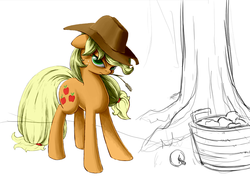 Size: 1000x707 | Tagged: safe, artist:fiddlearts, applejack, earth pony, pony, g4, apple, bucket, female, mouth hold, solo, tree