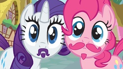 Size: 1667x938 | Tagged: safe, edit, edited screencap, screencap, pinkie pie, rarity, g4, beard, facial hair, moustache