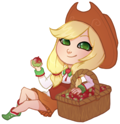 Size: 454x471 | Tagged: safe, artist:slither-of-moonlight, applejack, human, g4, apple, basket, chibi, female, humanized, simple background, solo