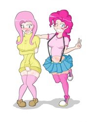 Size: 1700x2338 | Tagged: safe, artist:janji009, fluttershy, pinkie pie, human, g4, breasts, busty fluttershy, clothes, converse, duo, female, humanized, shoes, skirt, socks, suspenders, sweater, sweatershy, thigh highs