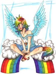 Size: 808x1072 | Tagged: safe, artist:fir3h34rt, rainbow dash, human, g4, clothes, female, humanized, sandals, shorts, solo, tailed humanization, winged humanization