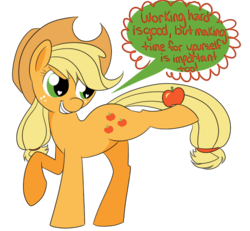 Size: 521x481 | Tagged: safe, artist:ponycide, applejack, earth pony, pony, g4, active stretch, apple, balancing, female, obligatory apple, simple background, solo