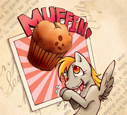 Size: 945x851 | Tagged: safe, artist:hobilo, derpy hooves, pegasus, pony, g4, female, french, mare, muffin, panting, pixiv, solo, that pony sure does love muffins