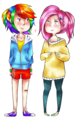 Size: 880x1358 | Tagged: safe, artist:milkshakemags, fluttershy, rainbow dash, human, g4, converse, humanized, shoes