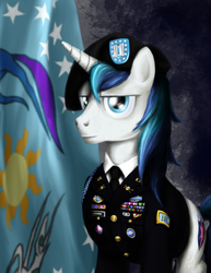 Size: 835x1080 | Tagged: safe, artist:myminiatureequine, shining armor, pony, g4, badge, captain, clothes, flag, male, military uniform, solo, uniform