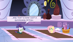 Size: 1851x1080 | Tagged: safe, fluttershy, rarity, g4, comic sans, cucumber, food, mud, mud bath, quicksand, seaweed wrap, spa