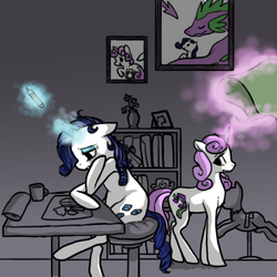 Size: 500x500 | Tagged: safe, artist:pandarainbow, rarity, spike, sweetie belle, g4, clothes, coffee, dress, fabric, female, magic, male, mannequin, older, painting, ship:sparity, shipping, straight