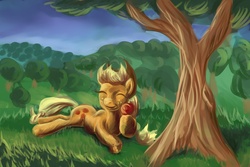 Size: 3000x2000 | Tagged: safe, artist:viwrastupr, applejack, earth pony, pony, g4, apple, eyes closed, female, obligatory apple, prone, solo, tree