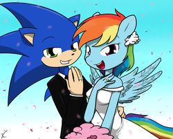 Size: 900x725 | Tagged: safe, artist:sandwich-anomaly, rainbow dash, anthro, g4, clothes, commission, crossover, crossover shipping, dress, female, flower, haters gonna hate, male, marriage, ring, sonic the hedgehog, sonic the hedgehog (series), sonicdash, straight, tuxedo, wedding