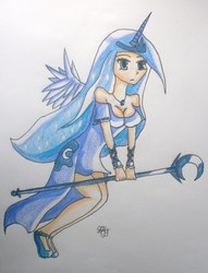 Size: 2489x3261 | Tagged: safe, artist:shanshanshananigans, princess luna, human, g4, female, horn, horned humanization, humanized, solo, traditional art, winged humanization