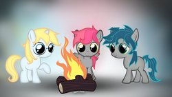 Size: 1191x670 | Tagged: safe, artist:symbianl, oc, oc only, oc:candy cloud, oc:floweret, oc:pastel aurora, changeling, hybrid, filly, fire, part changeling