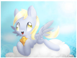 Size: 600x453 | Tagged: safe, artist:pegasisters82, derpy hooves, pegasus, pony, g4, cloud, cute, derpabetes, ear fluff, female, mare, on a cloud, solo