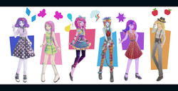 Size: 3400x1754 | Tagged: safe, artist:ami-magane, applejack, fluttershy, pinkie pie, rainbow dash, rarity, twilight sparkle, human, g4, 50's fashion, 50s, 60's fashion, 60s, 80's fashion, 80s, 80s hair, alternate hairstyle, boots, clothes, decade, dress, fashion, flattershy, galaxy leggings, go-go boots, humanized, line-up, mane six, mod, music, pony coloring, poodle skirt, punk, skinny, skirt, suspenders, thin