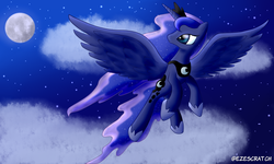 Size: 2500x1500 | Tagged: safe, artist:ezescratch, princess luna, pony, g4, cloud, cloudy, female, flying, moon, night, solo, stars