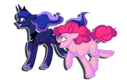 Size: 2600x1700 | Tagged: safe, artist:pastelflakes, pinkie pie, princess luna, g4, eye contact, floppy ears, grin, open mouth, running, simple background, smiling, transparent background, underhoof