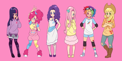 Size: 1000x500 | Tagged: safe, artist:umekari, applejack, fluttershy, pinkie pie, rainbow dash, rarity, twilight sparkle, human, g4, converse, devil horn (gesture), humanized, line-up, mane six, shoes