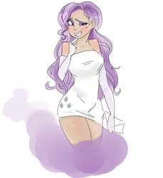 Size: 675x738 | Tagged: safe, artist:kickitdown, rarity, human, g4, breasts, busty rarity, clothes, evening gloves, female, humanized, short dress, shoulderless, solo