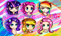 Size: 4000x2404 | Tagged: safe, artist:wendysakana, applejack, fluttershy, pinkie pie, rainbow dash, rarity, twilight sparkle, human, g4, eared humanization, horn, horned humanization, humanized, mane six