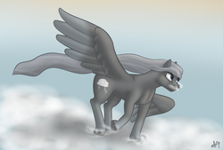 Size: 4000x2700 | Tagged: safe, artist:widjetarcs, oc, oc only, oc:stormfront, pony, cloud, cloudy, snorting, solo, spread wings, stories from the front, unshorn fetlocks