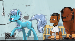 Size: 1418x782 | Tagged: safe, artist:madhotaru, screw loose, bison, buffalo, earth pony, pony, g4, bridle, butt, chief bromden, crossover, female, hospital, jack nicholson, male, mare, one flew over the cuckoo's nest, plot, ponified, randle mcmurphy, sitting, stallion, tack