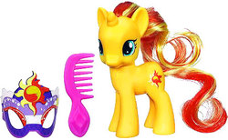 Size: 452x278 | Tagged: dead source, safe, sunset shimmer, pony, unicorn, g4, brushable, comb, female, mask, solo, toy