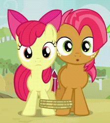 Size: 222x247 | Tagged: safe, edit, edited screencap, screencap, apple bloom, babs seed, earth pony, pony, apple family reunion, g4, season 3, animated, blinking, cropped, female, filly, looking at you, reaction image, seriously, seven-legged race, sweet apple acres, text