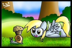 Size: 856x580 | Tagged: safe, artist:neoncabaret, derpy hooves, pony, snail, g4, cute, muffin