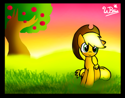 Size: 600x471 | Tagged: safe, artist:neoncabaret, applejack, earth pony, pony, g4, apple, hat, sunset, sweet