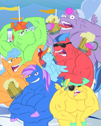 Size: 802x1000 | Tagged: safe, artist:krowzivitch, rainbow dash, oc, g4, brothers, burp, cider, family, female, male, mare, muscles, stallion, sunglasses, vein