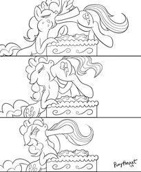 Size: 1200x1463 | Tagged: safe, artist:php187, pinkie pie, rainbow dash, earth pony, pegasus, pony, comic:the rainbow pie cake, g4, butt touch, cake, comic, eaten alive, endosoma, female, head first, hoof on butt, lesbian, mare, monochrome, non-fatal vore, pinkie pred, preydash, ship:pinkiedash, shipping, soft vore, tongue out, vore