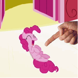 Size: 268x268 | Tagged: safe, edit, edited screencap, screencap, pinkie pie, human, pony, g4, griffon the brush off, animated, cute, diapinkes, female, hand, laughing, nightmare fuel, poking, solo