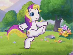 Size: 640x480 | Tagged: safe, screencap, puzzlemint, earth pony, pony, g3, greetings from unicornia, female, kick, smiling, solo