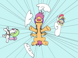 Size: 1600x1200 | Tagged: safe, artist:topgull, apple bloom, scootaloo, sweetie belle, g4, cutie mark crusaders, cutie mark crusading, falling, skydiving