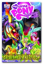 Size: 292x428 | Tagged: safe, idw, official comic, applejack, fluttershy, pinkie pie, queen chrysalis, rainbow dash, rarity, twilight sparkle, g4, official, comic, comic cover, cover, mane six