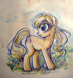 Size: 591x635 | Tagged: safe, artist:ladycat17, applejack, earth pony, pony, g4, female, hatless, looking back, missing accessory, solo, traditional art