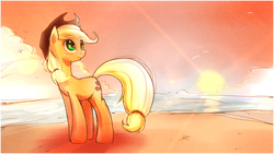 Size: 1920x1080 | Tagged: safe, artist:derpiihooves, applejack, earth pony, pony, g4, beach, female, looking back, sand, scenery, solo, sunset, wallpaper, water