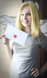 Size: 620x1024 | Tagged: safe, artist:ssspaghetticat, derpy hooves, human, g4, beautiful, cosplay, happy, irl, irl human, letter, photo, smiling, solo